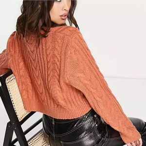 VINTAGE Handmade Button-up Coral Thick Wool Cable Sweater Cardigan Size XS